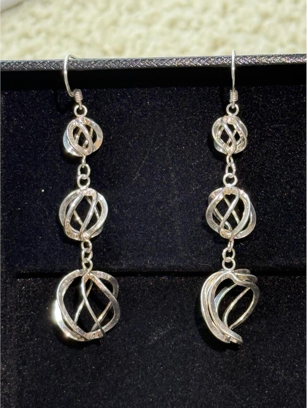925 Sterling Silver Spiral Cage Geometric 3-Tier Dangle Drop Earrings 6.8g